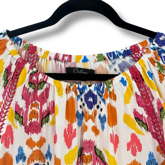 New Calessa Abstract Ikat Print 3/4 Tiered Sleeve Tunic Shirt Size Small - Picture 3 of 8